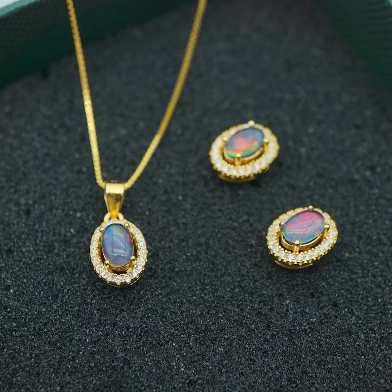 Halo Style Australian Opal Triplet Set: Necklace &amp; Earrings