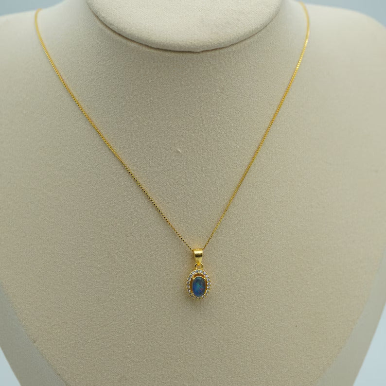 Halo Style Australian Opal Triplet Set: Necklace & Earrings