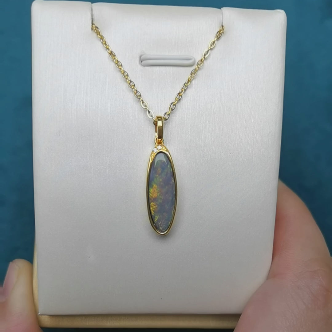 14K Solid Gold Rainbow Aura Black Opal Necklace