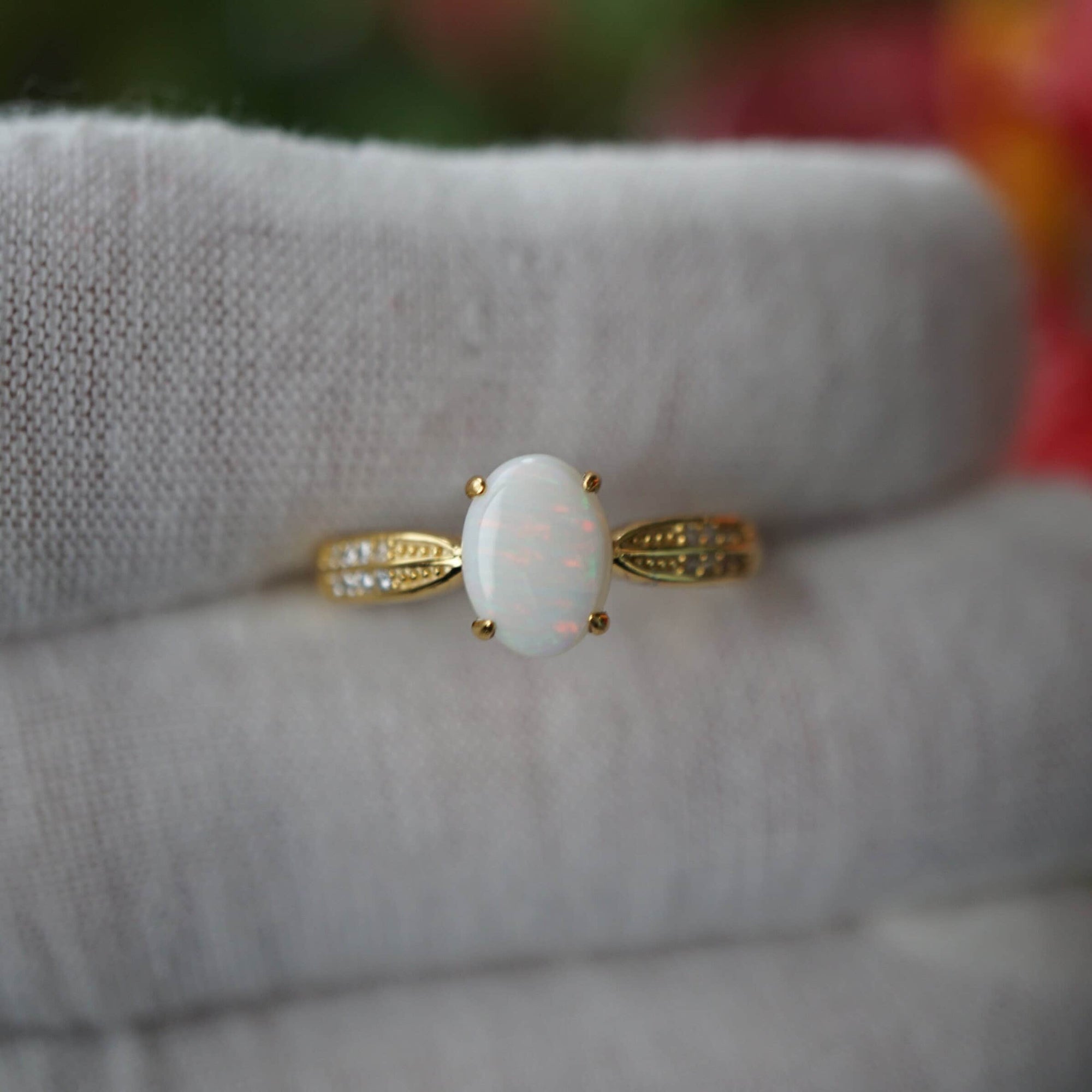 White Solid Real Australian Opal Ring In 18k Gold Vermeil Over 925 Sterling Silver, Opal Ring For Her Birthday, Opal Ring For Christmas-Vsabel Jewellery