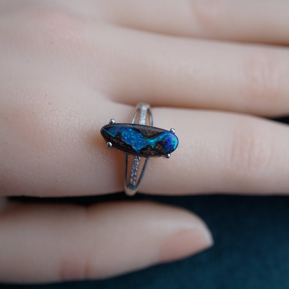 River blue australian boulder opal ring in 925 sterling silver-Vsabel Jewellery