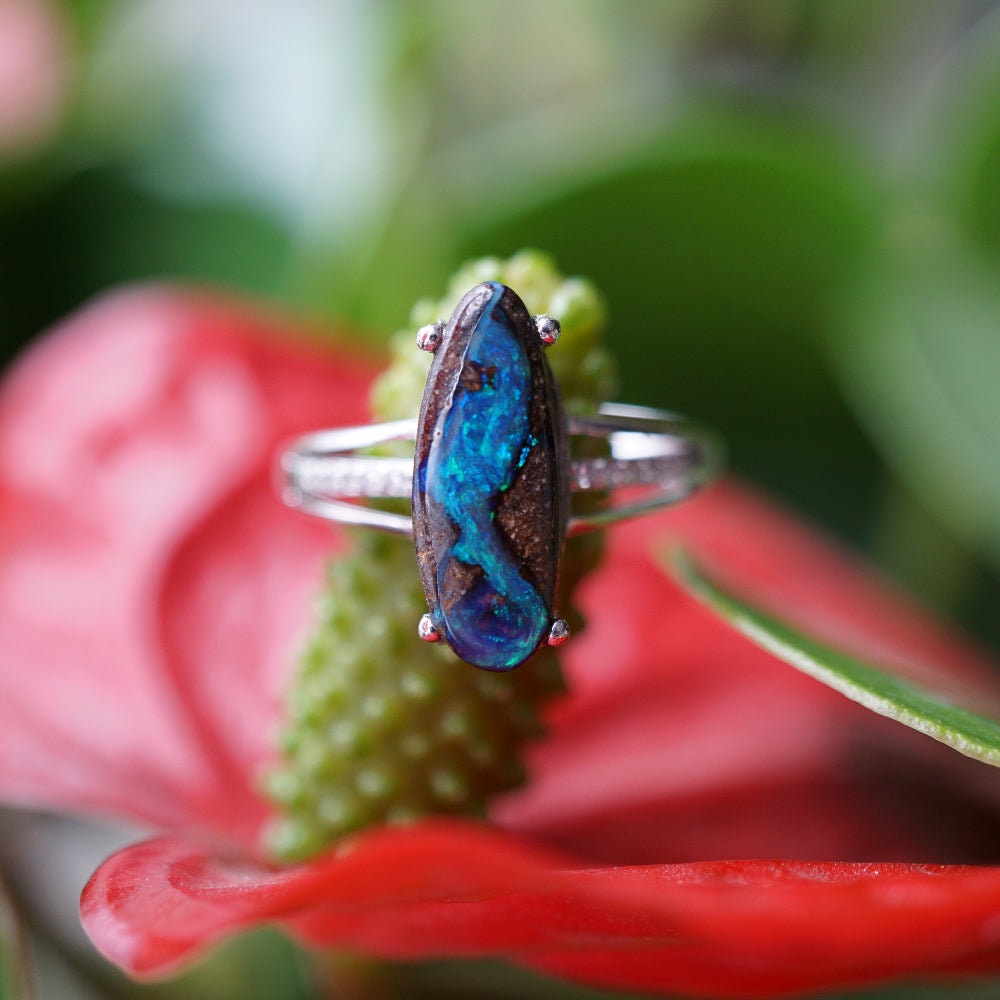 River blue australian boulder opal ring in 925 sterling silver-Vsabel Jewellery