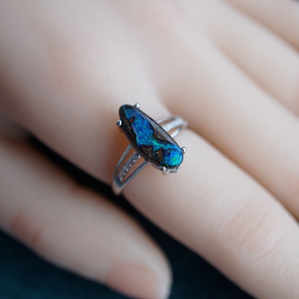 River blue australian boulder opal ring in 925 sterling silver-Vsabel Jewellery