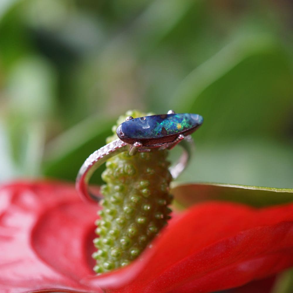 Dainty rainbow australian boulder opal ring in 925 silver-Vsabel Jewellery