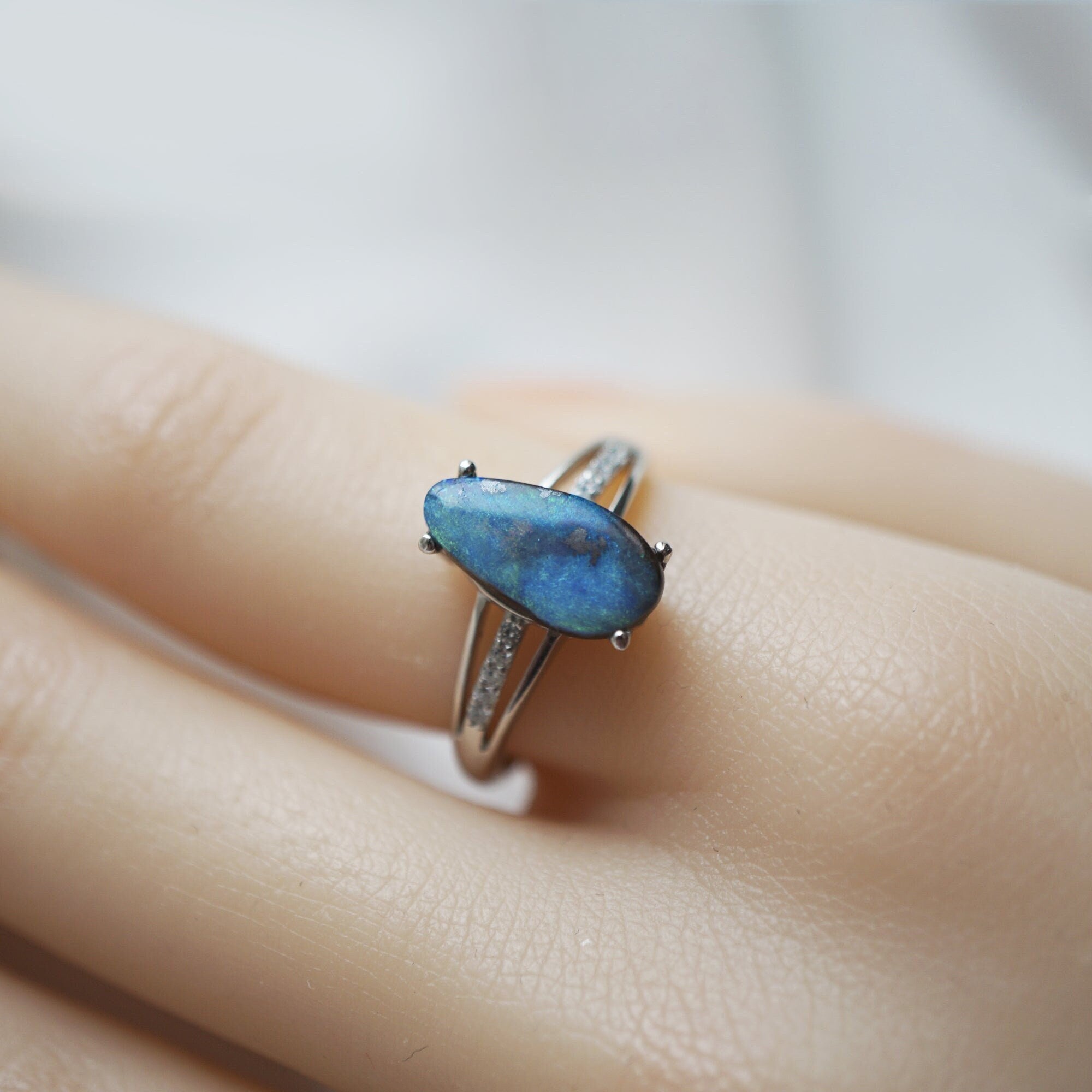 Blue handmade australian boulder opal ring in 925 sterling silver, october birthday boulder opal ring, free form opal ring, one of kind 8-Vsabel Jewellery