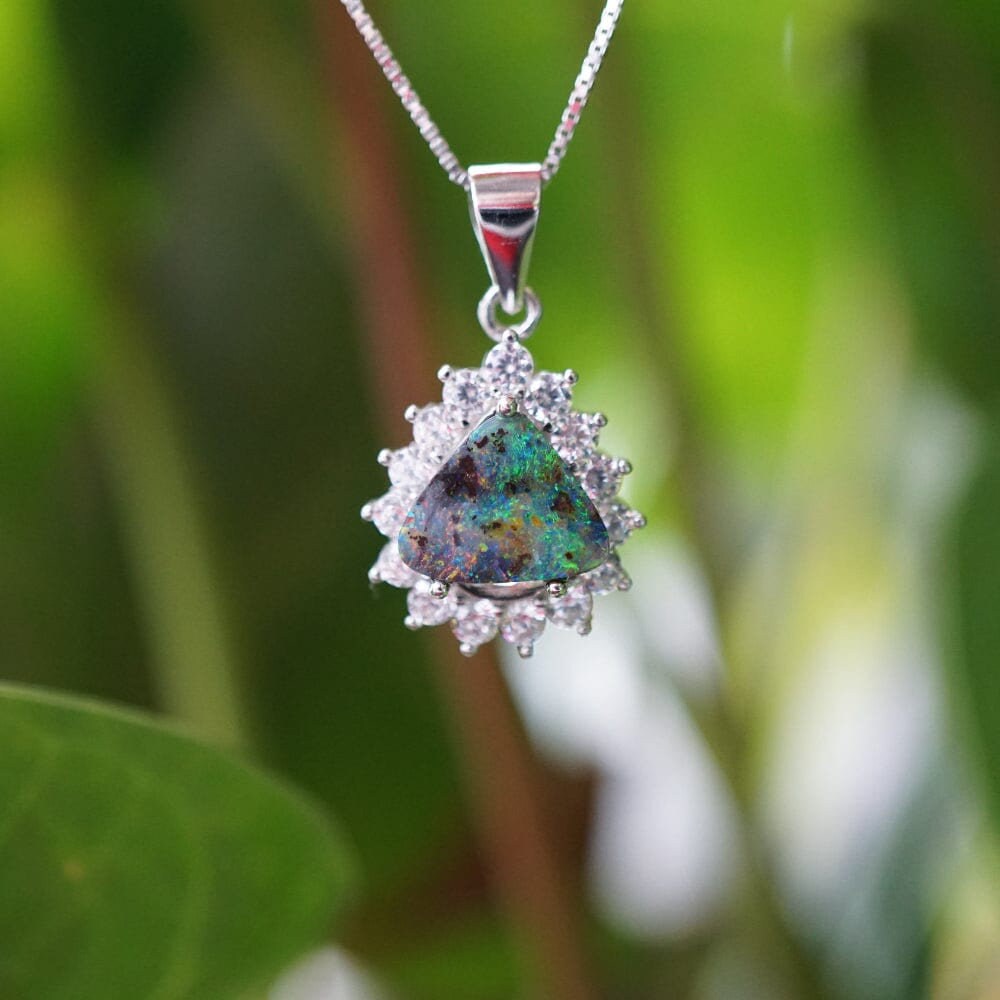 Mesmerizing australian boulder opal necklace surrounded by cubic zirconia&#39;s, dainty opal jewellery, solid boulder doublet opal necklace-Vsabel Jewellery