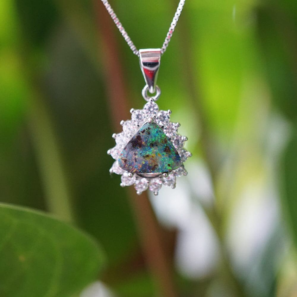 Mesmerizing australian boulder opal necklace surrounded by cubic zirconia's, dainty opal jewellery, solid boulder doublet opal necklace-Vsabel Jewellery