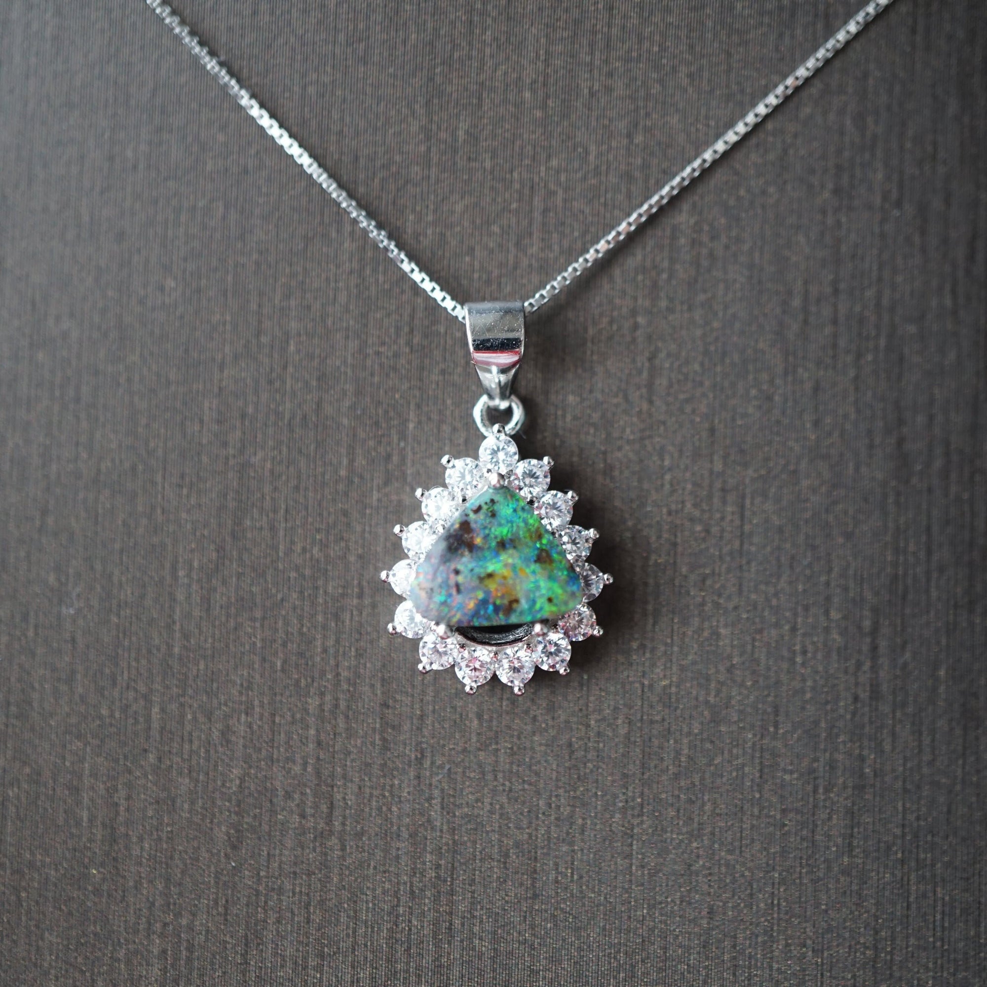 Mesmerizing australian boulder opal necklace surrounded by cubic zirconia's, dainty opal jewellery, solid boulder doublet opal necklace-Vsabel Jewellery