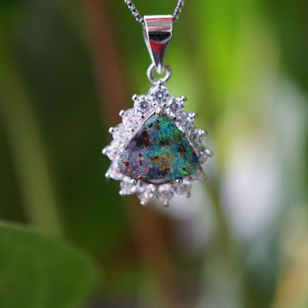 Mesmerizing australian boulder opal necklace surrounded by cubic zirconia's, dainty opal jewellery, solid boulder doublet opal necklace-Vsabel Jewellery