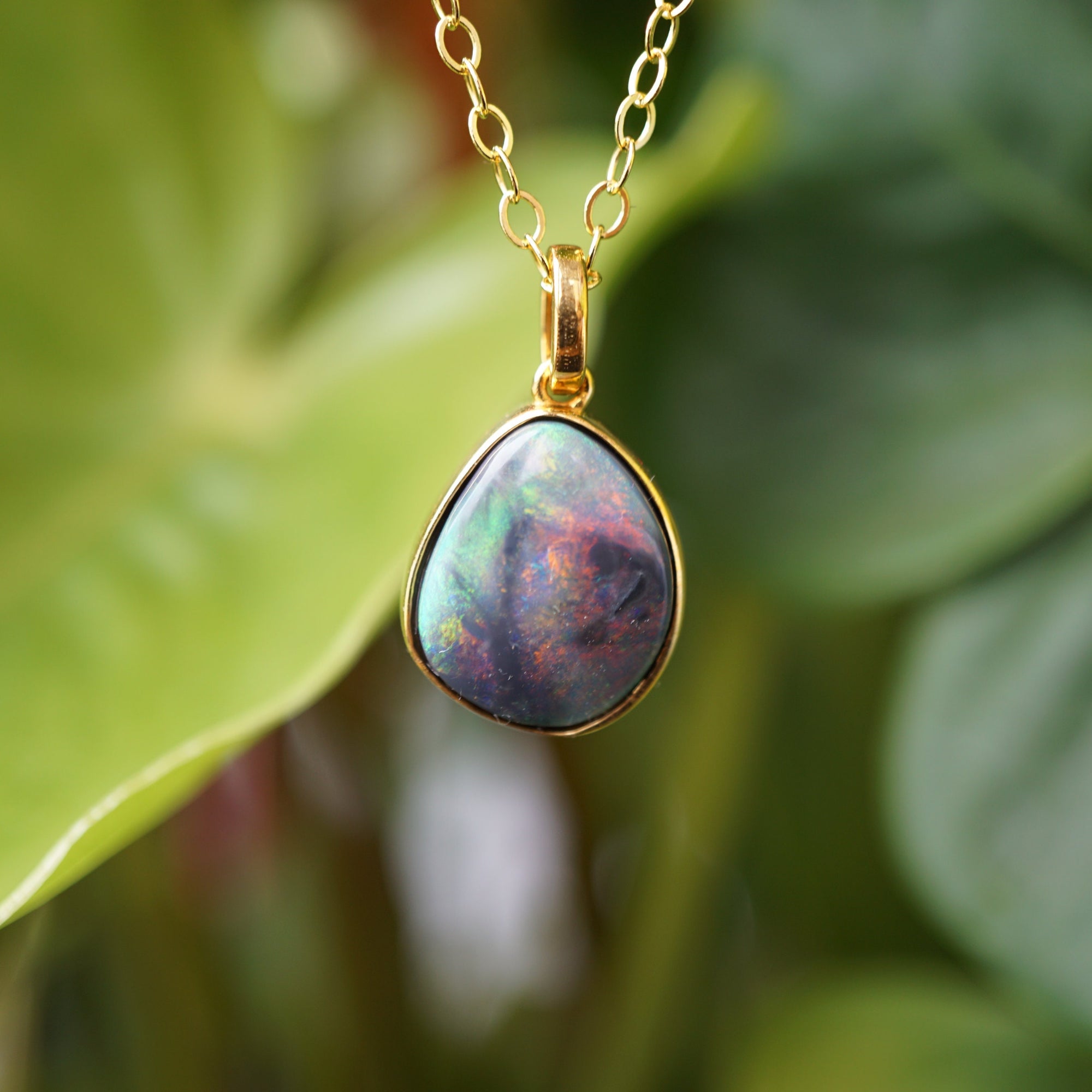 Red solid australian black opal necklace 14k solid gold, genuine black australian opal necklace, black opal, gift for her birthday-Vsabel Jewellery