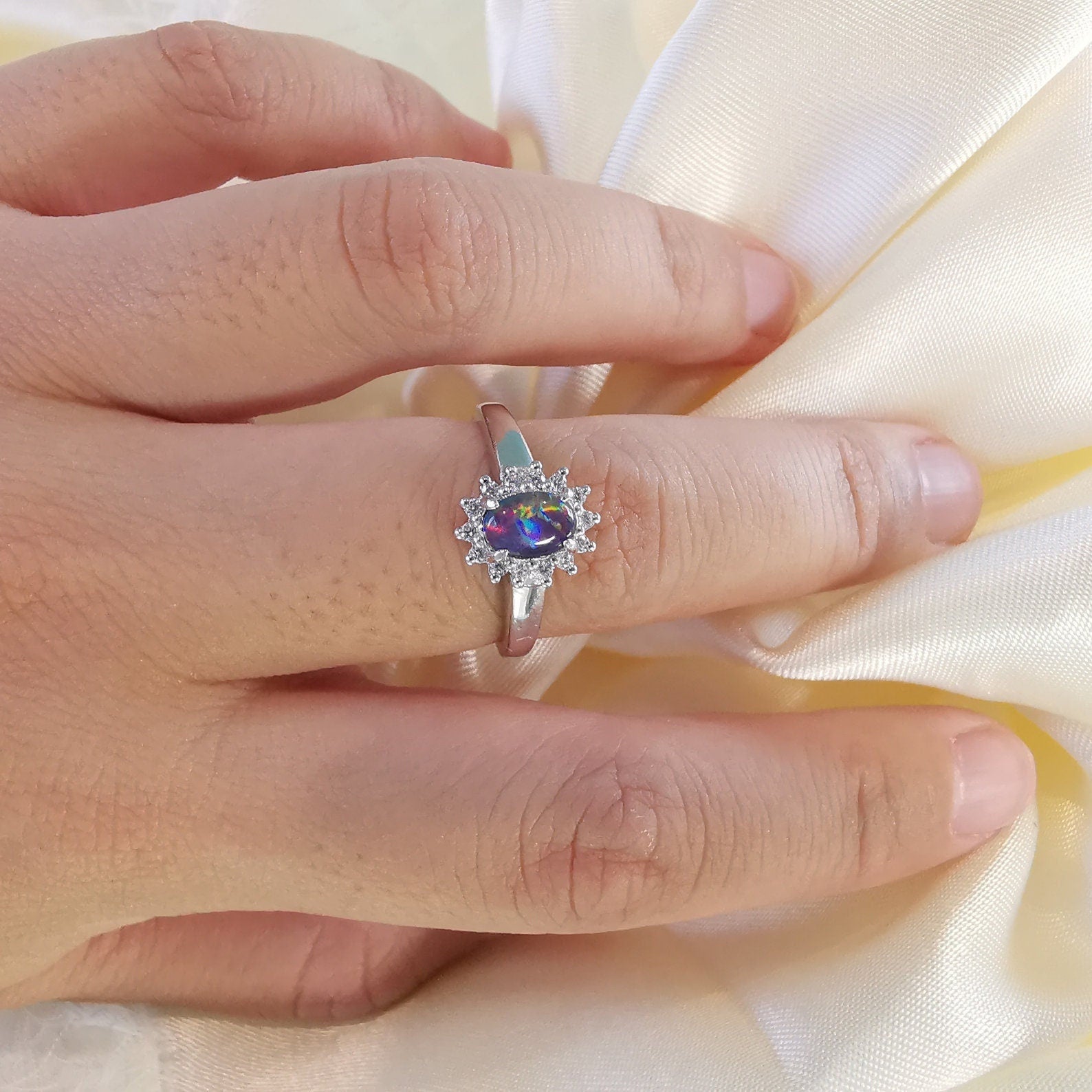 Elegant Triplet Opal Ring with Cubic Zirconias - Perfect Opal Gift-Vsabel Jewellery