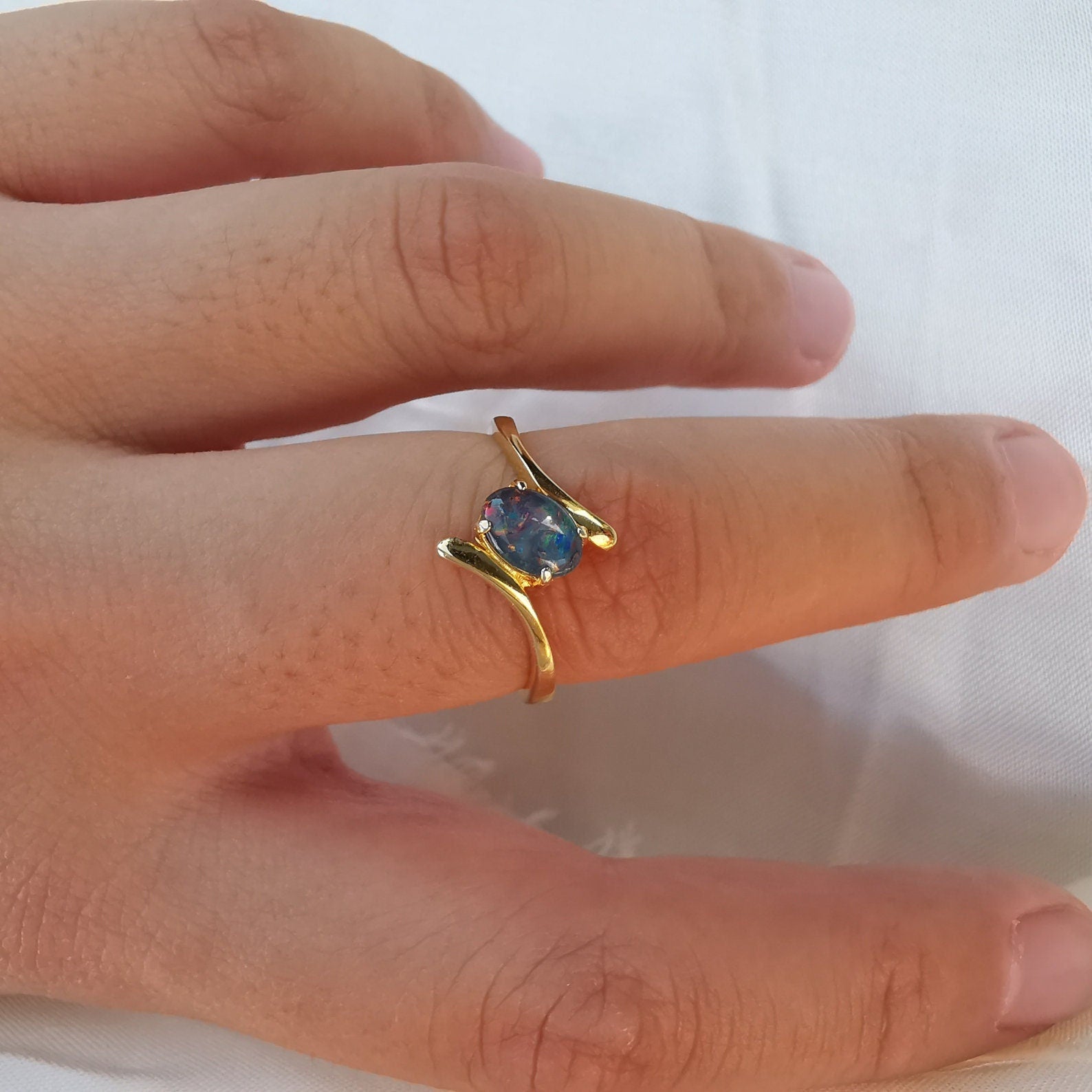 Rainbow Australian triplet opal ring, october birthstone ring, opal ring for women, opal ring, opal gift for her, gold opal ring-Vsabel Jewellery