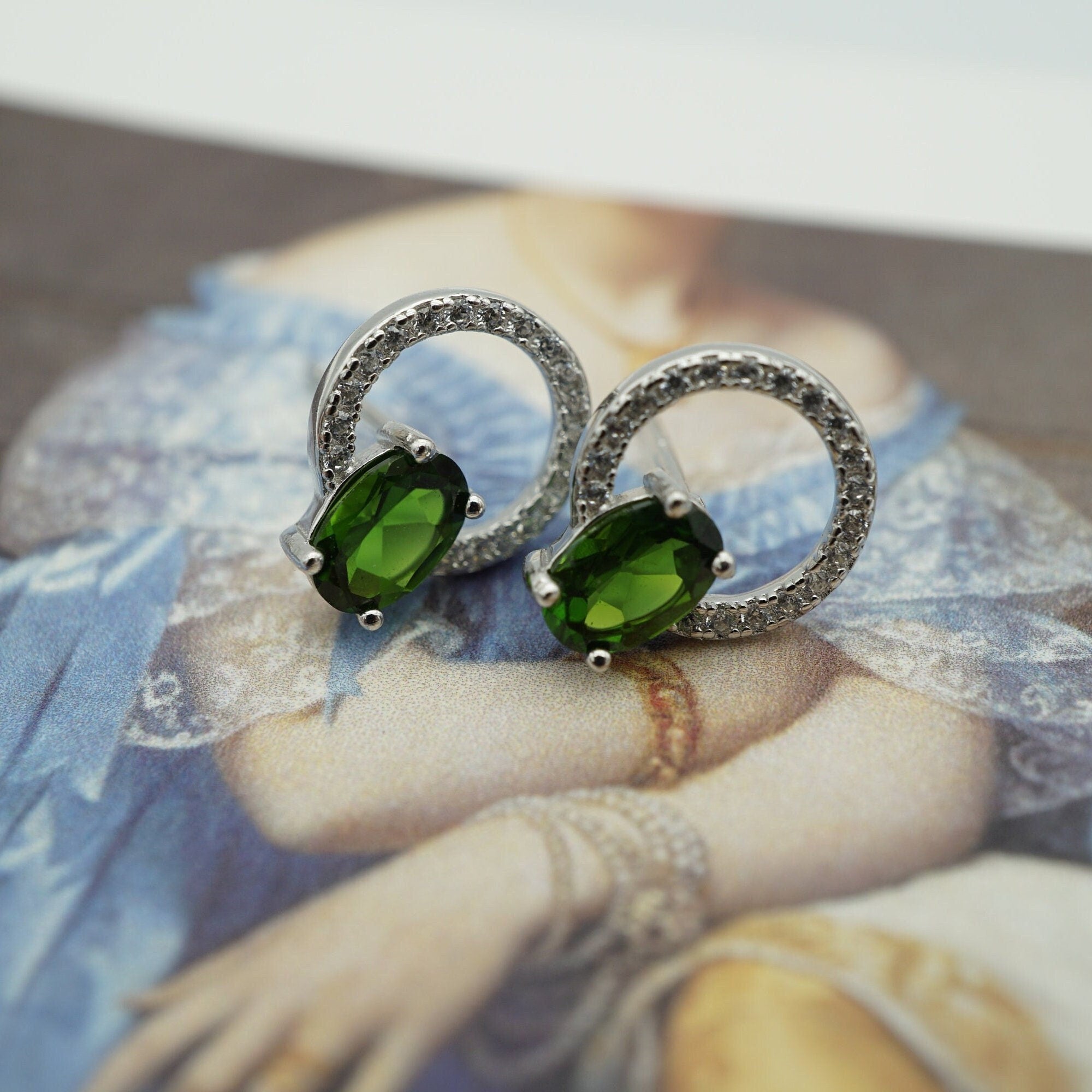 Chrome Diopside Earrings with Cubic Zirconias