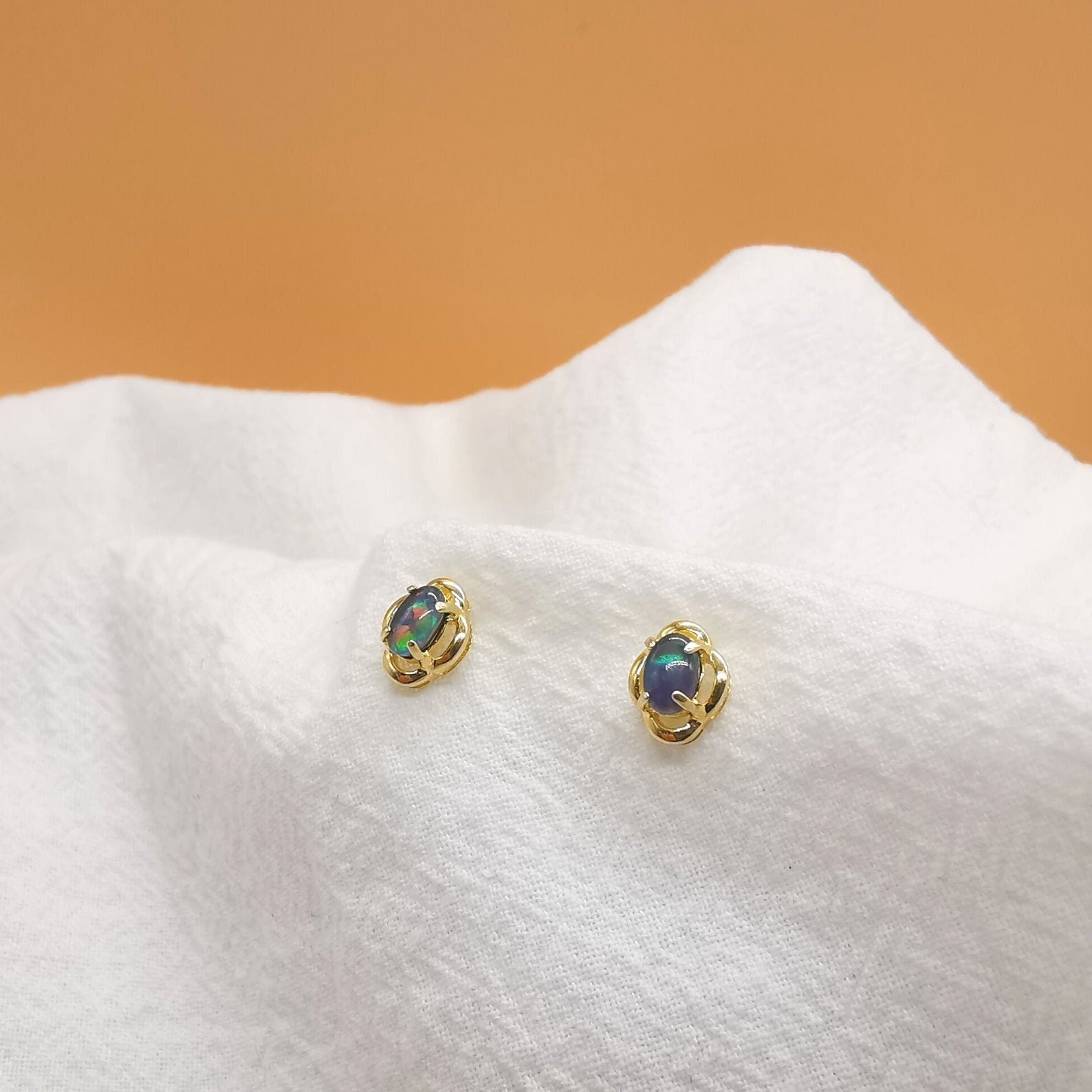 New triplet opal oval earrings, opal minimalist studs, gold earrings, dainty earrings, small stud earrings, stud earrings-Vsabel Jewellery