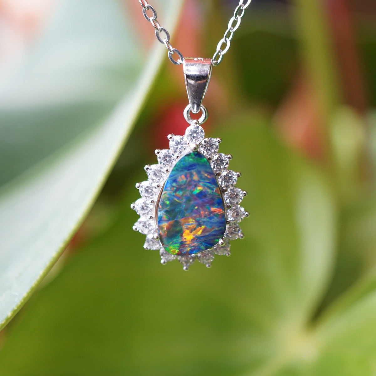 Rainbow australian boulder doublet opal pendant necklace with cubic zirconia&#39;s in 925 silver, a perfect gift for her-Vsabel Jewellery