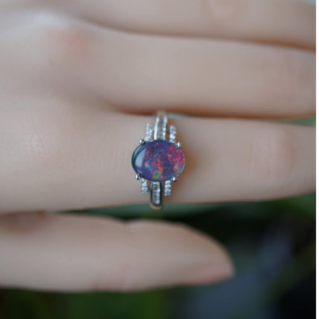 Stunning Australian opal ring, genuine sterling silver rainbow opal ring, simple opal ring, opal ring gift, everyday wear opal ring, 7x9mm-Vsabel Jewellery