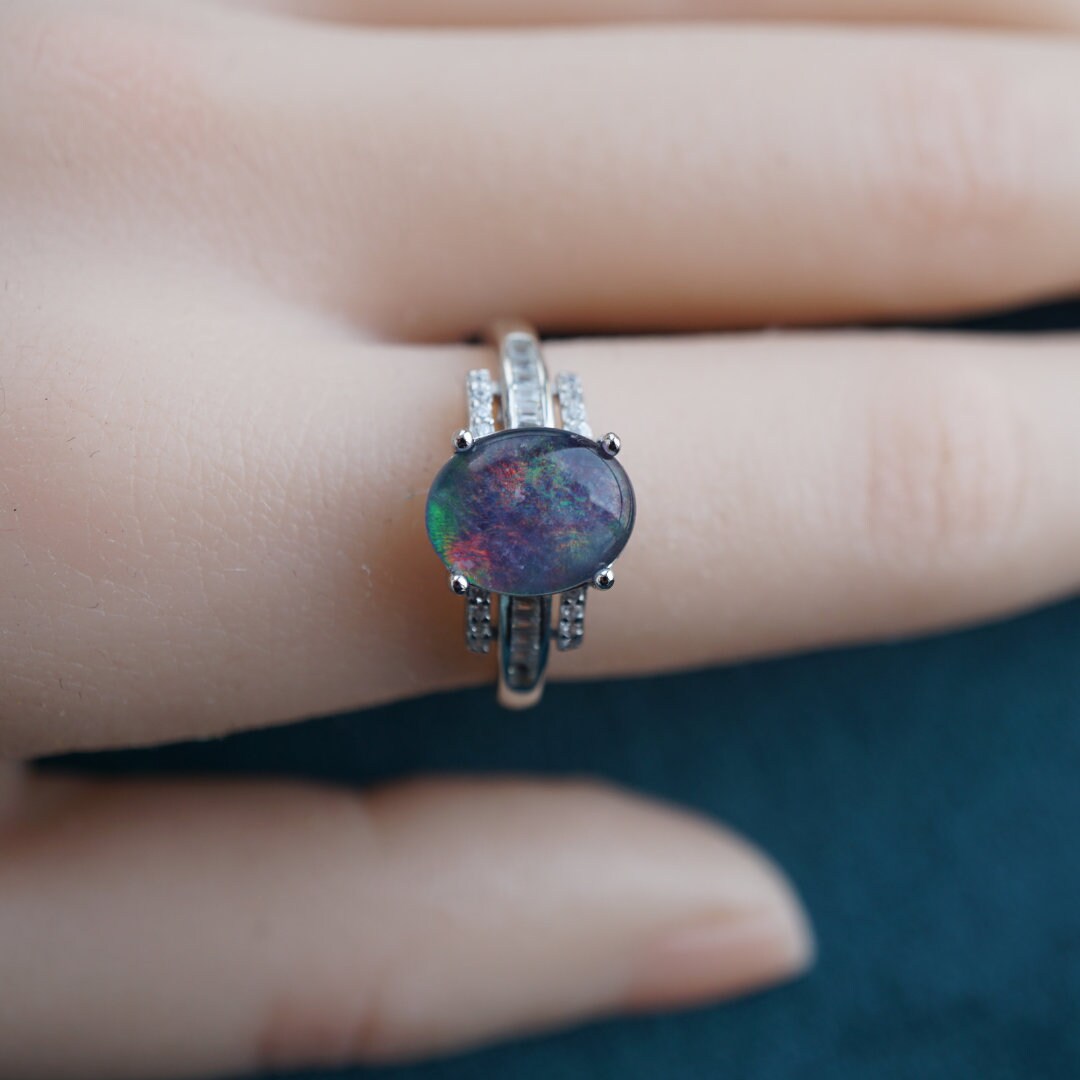 Stunning Australian opal ring, genuine sterling silver rainbow opal ring, simple opal ring, opal ring gift, everyday wear opal ring, 7x9mm-Vsabel Jewellery