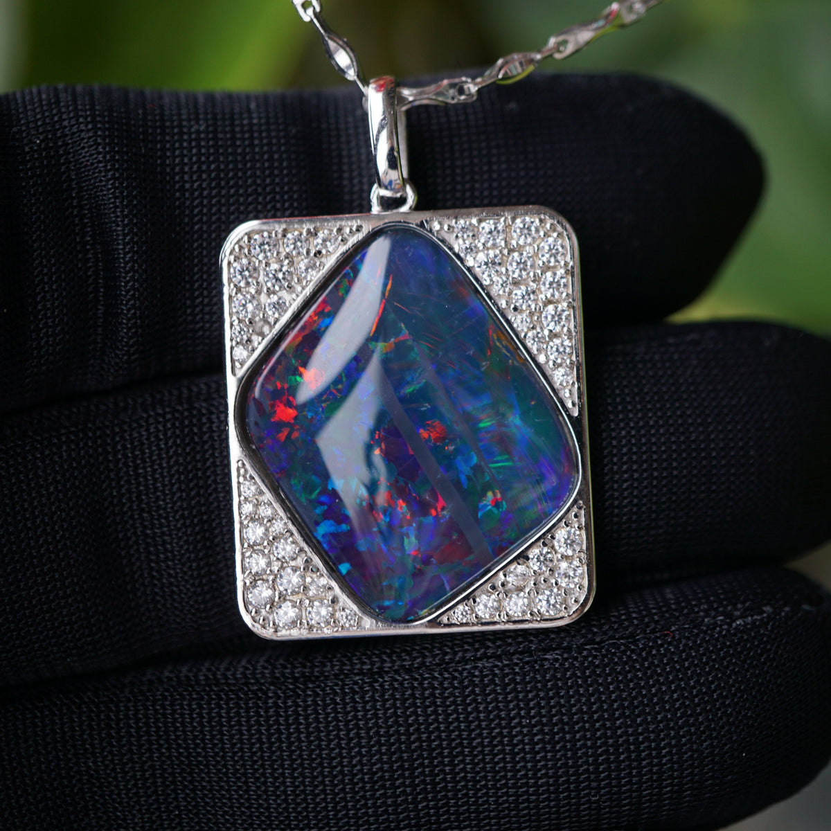 Unique Handmade Blue Opal Pendant Necklace - Sterling Silver &amp; Cubic Zirconia-Vsabel Jewellery
