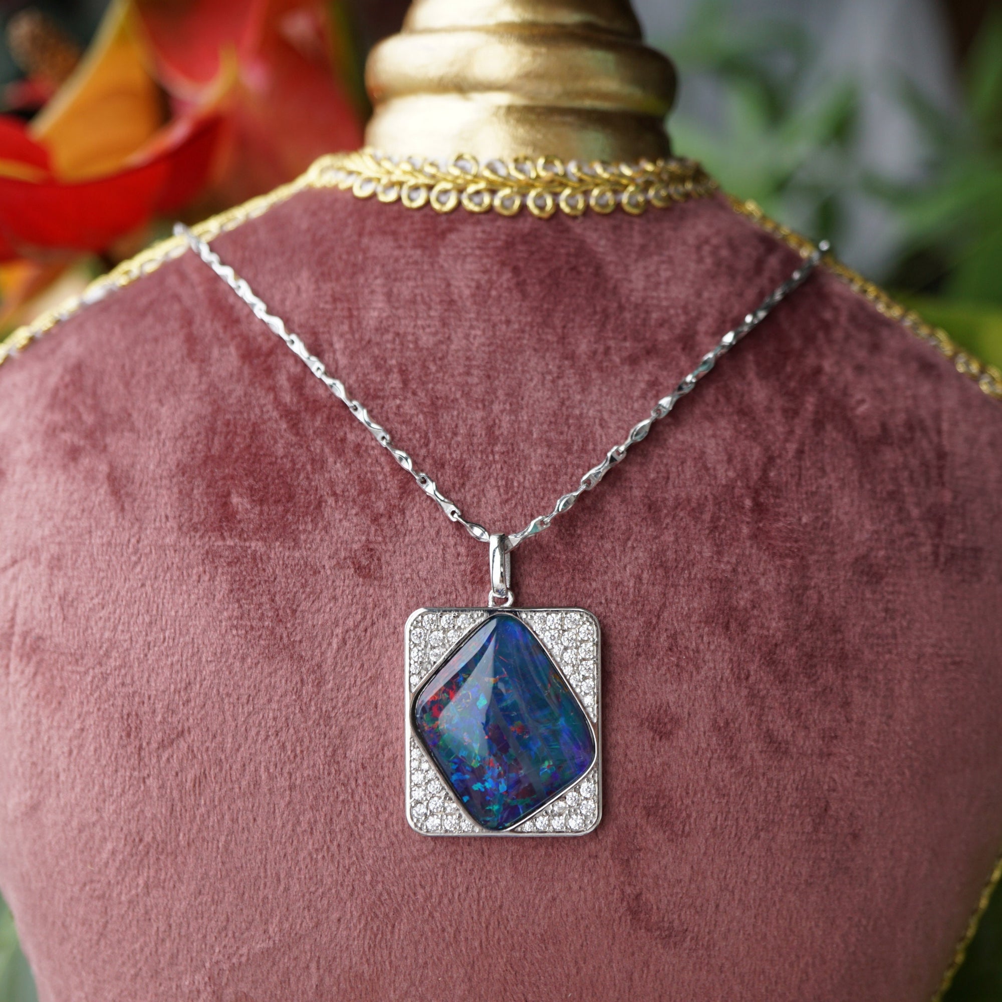 Unique Handmade Blue Opal Pendant Necklace - Sterling Silver & Cubic Zirconia-Vsabel Jewellery