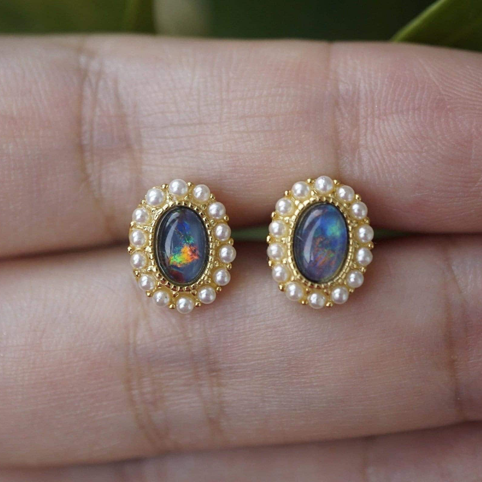 Vintage Gold Triplet Opal Stud Earrings - Timeless Elegance-Vsabel Jewellery