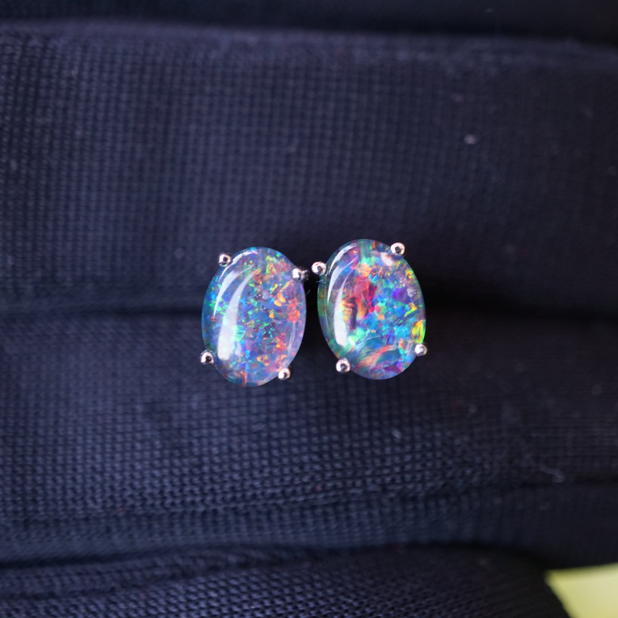 Elegant 18k White Gold Opal Earring Studs - Natural Australian Triplet Opal-Vsabel Jewellery