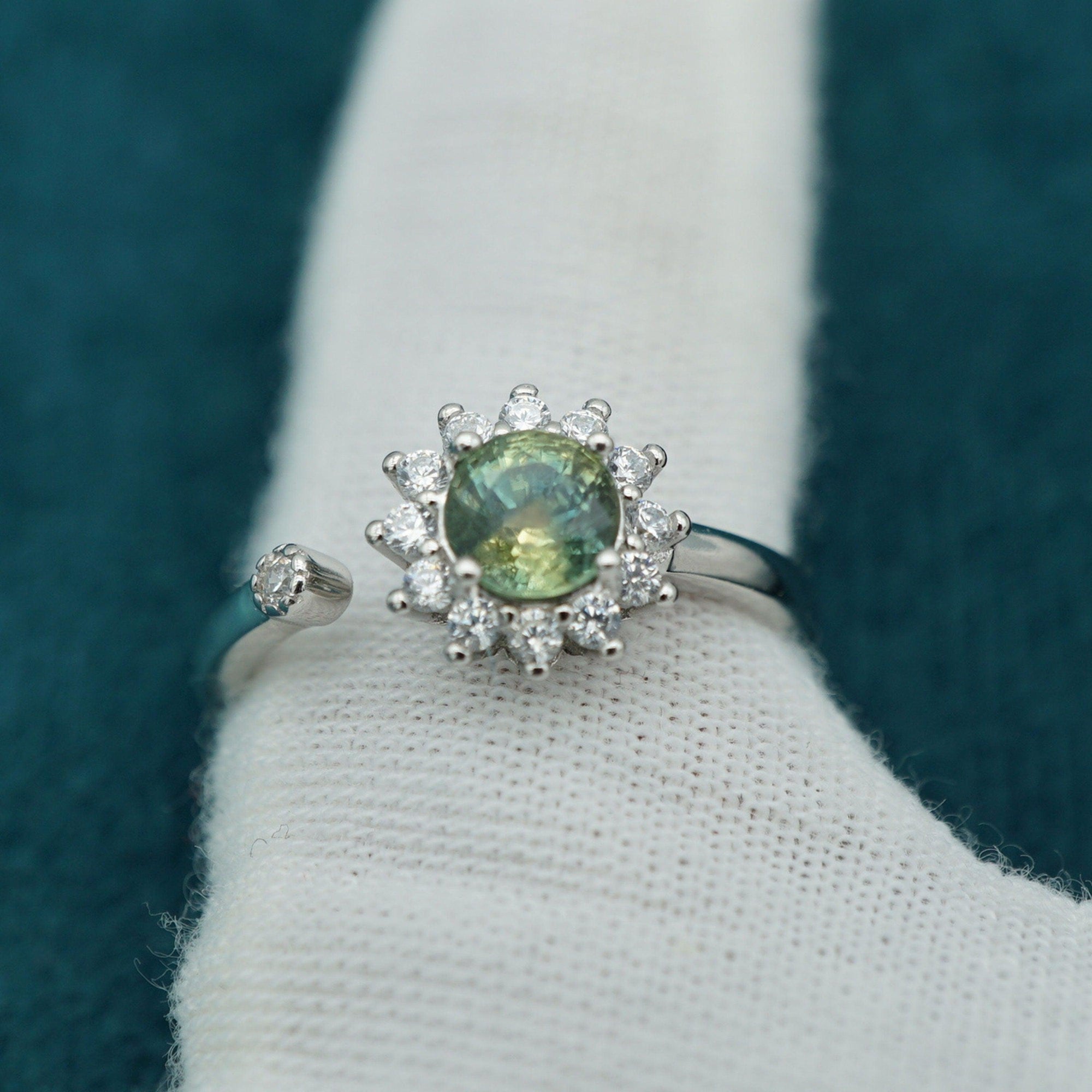 Teal Sapphire engagement silver ring ,circle cut green gemstone, gift for mom, September birthstone