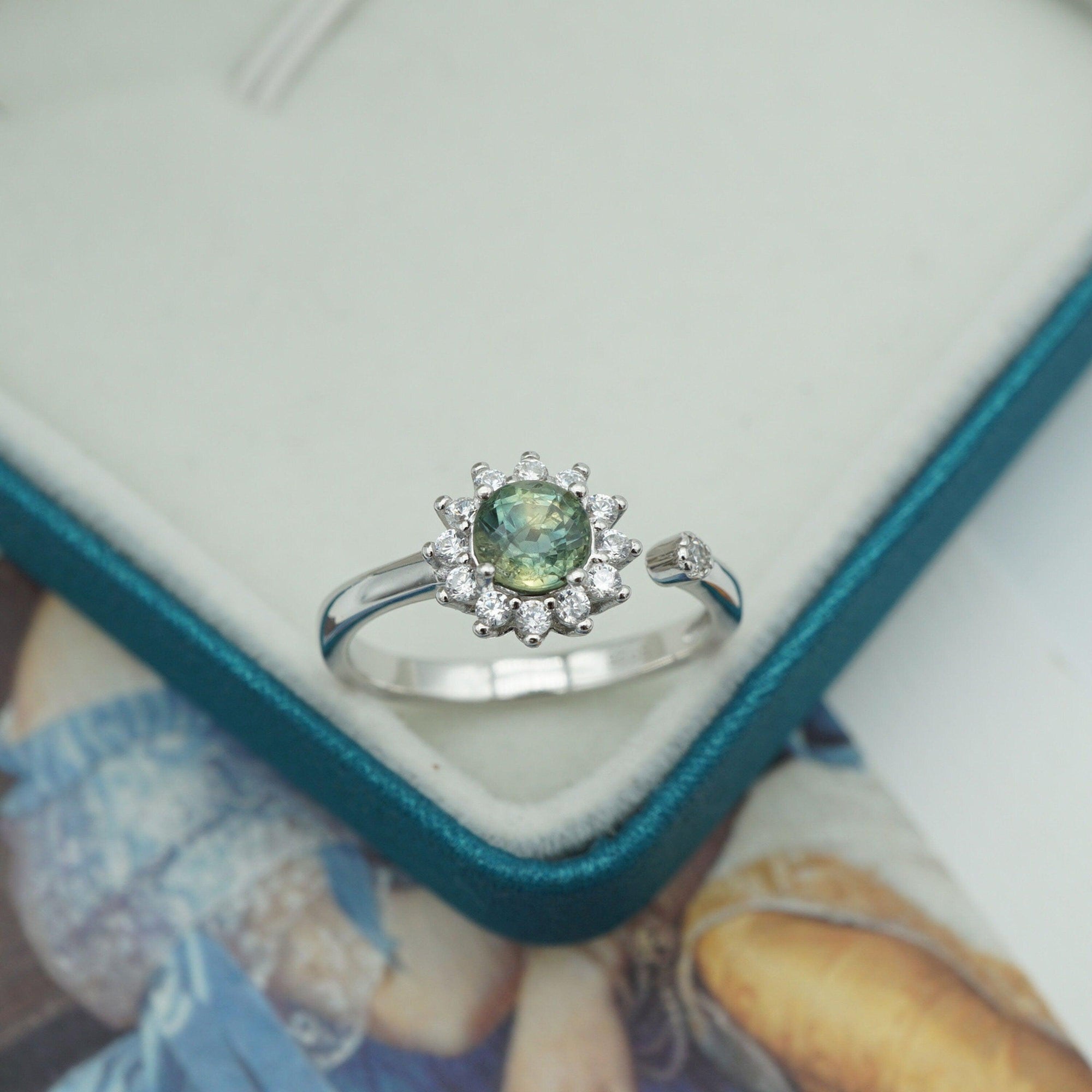 Teal Sapphire engagement silver ring ,circle cut green gemstone, gift for mom, September birthstone