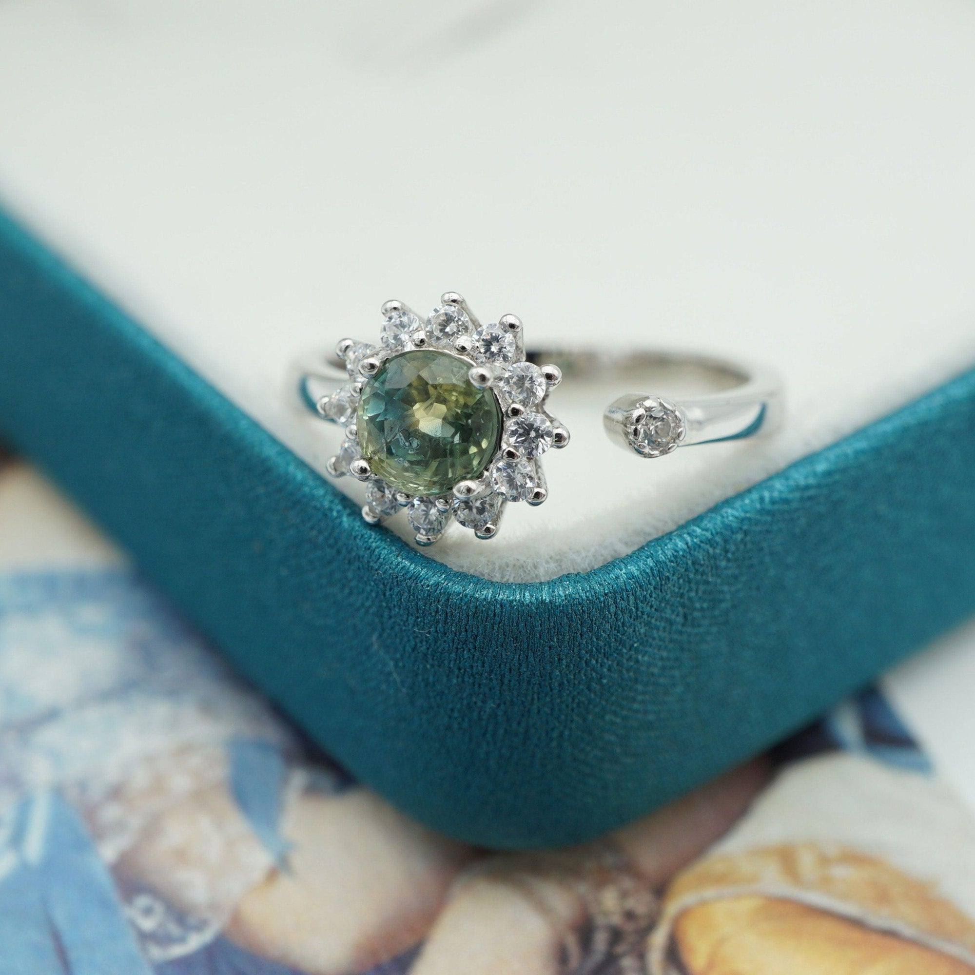 Teal Sapphire engagement silver ring ,circle cut green gemstone, gift for mom, September birthstone