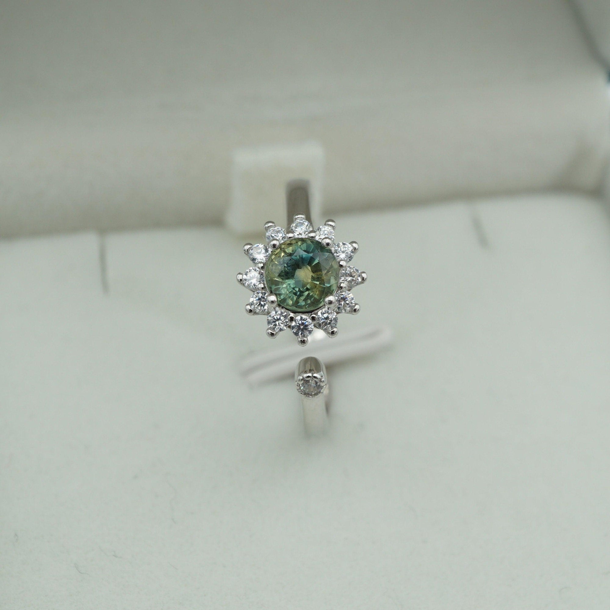 Teal Sapphire engagement silver ring ,circle cut green gemstone, gift for mom, September birthstone