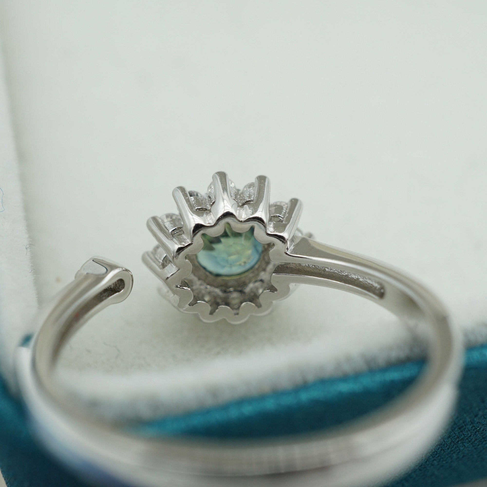 Teal Sapphire engagement silver ring ,circle cut green gemstone, gift for mom, September birthstone